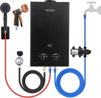 Tankless Water Heater Propane,2.11GPM 8L Outdoor Portable Water Heater,with 2 GPM Water Pump, with Digital Display Multi-Protection for Camping Trips Boat Cabins