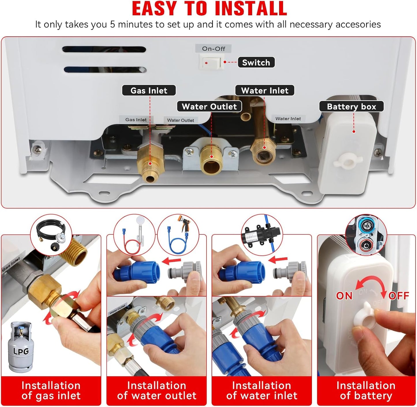 Tankless Water Heater Propane,2.64GPM 10L Outdoor Portable water heater,with 2 GPM Water Pump, Instant Propane water heater with Digital Display Multi-Protection for Camping Trips