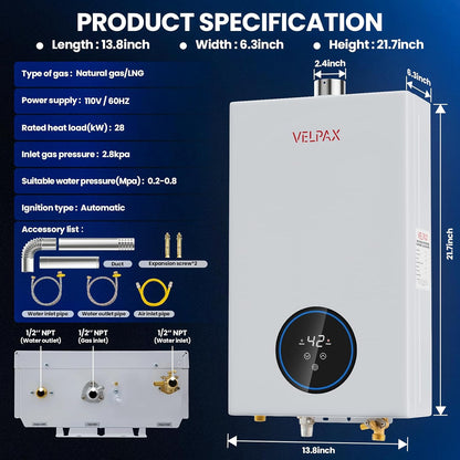 Natural Gas Tankless Water Heater,4.74GPM 18L Indoor,Instant Hot Gas water heater,Constant Natural Water Heater with Multi-Protection