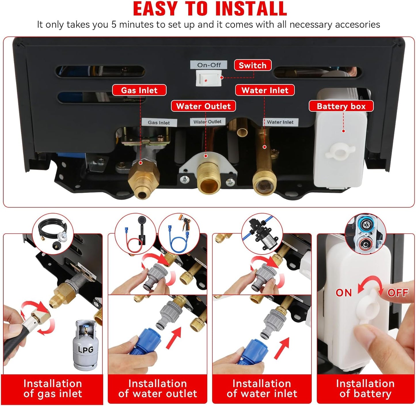 Tankless Water Heater Propane,2.11GPM 8L Outdoor Portable Water Heater,with 2 GPM Water Pump, with Digital Display Multi-Protection for Camping Trips Boat Cabins