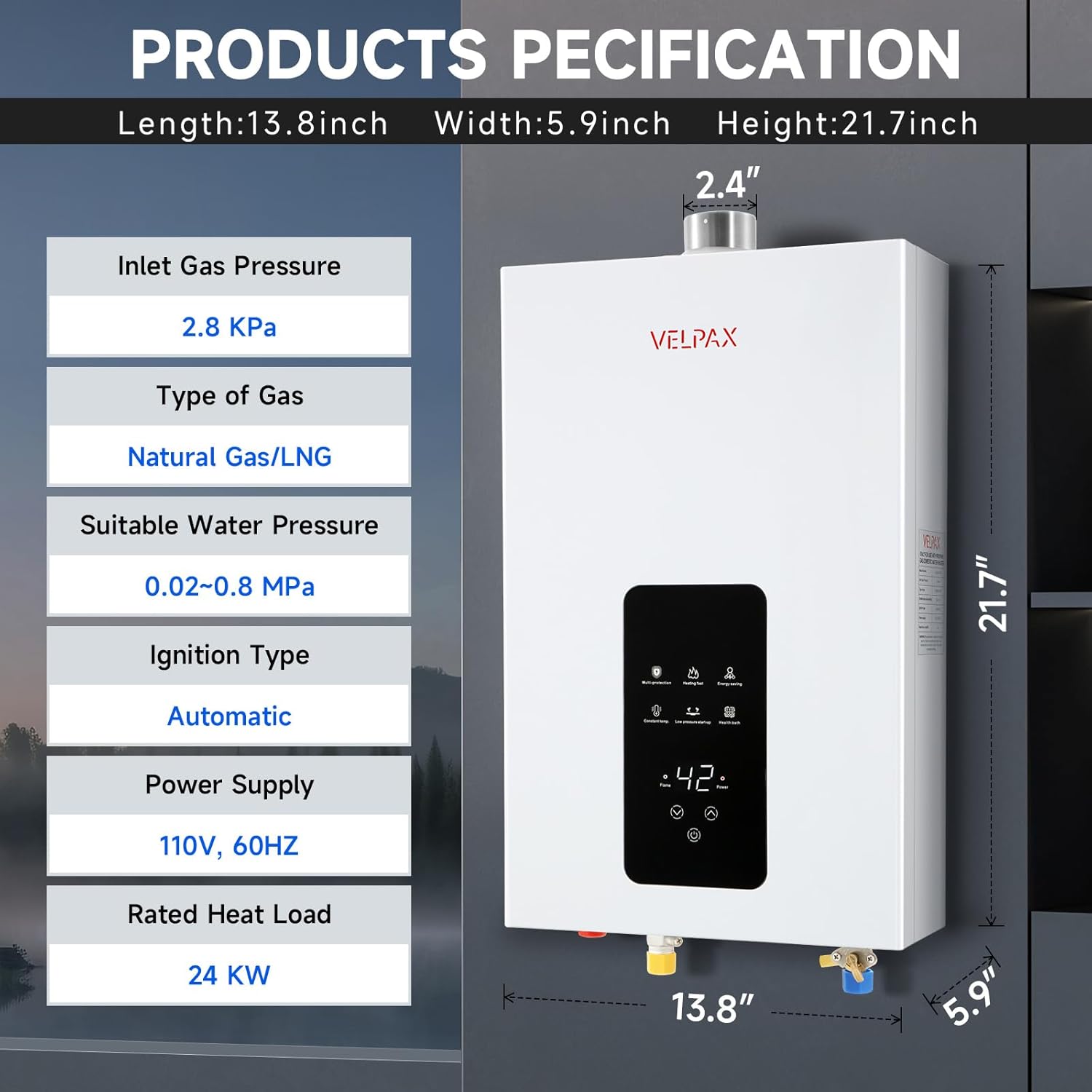 Natural Gas Tankless Water Heater 4.21GPM 16L Indoor, Instant Hot