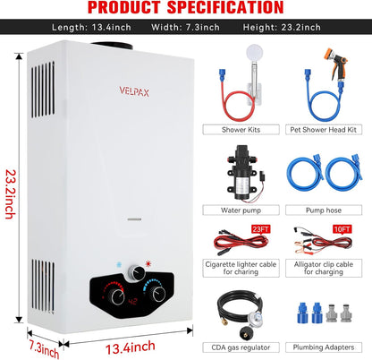 Tankless Water Heater Propane,2.64GPM 10L Outdoor Portable water heater,with 2 GPM Water Pump, Instant Propane water heater with Digital Display Multi-Protection for Camping Trips