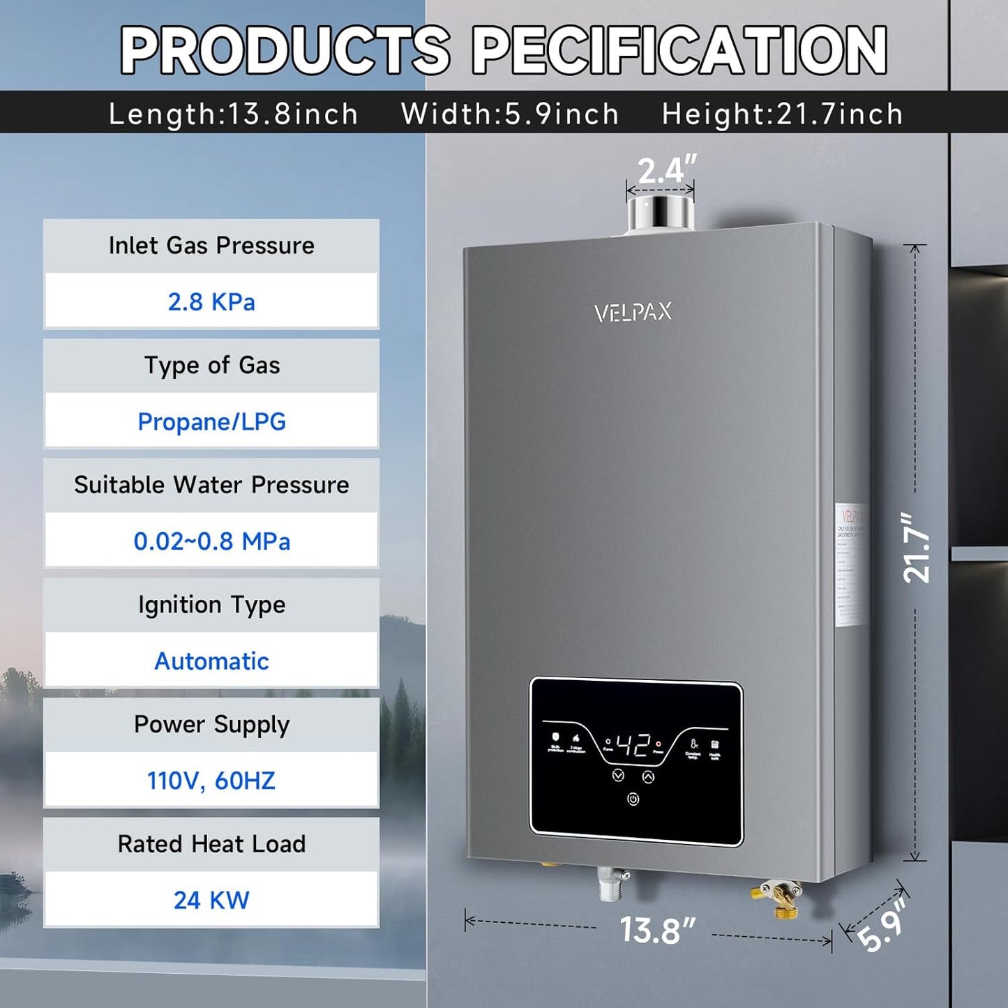 Propane Tankless Water Heater, 4.21GPM 16L Indoor,Constant propane water heater,Instant Hot Propane Gas Water Heater with Multi-Protection