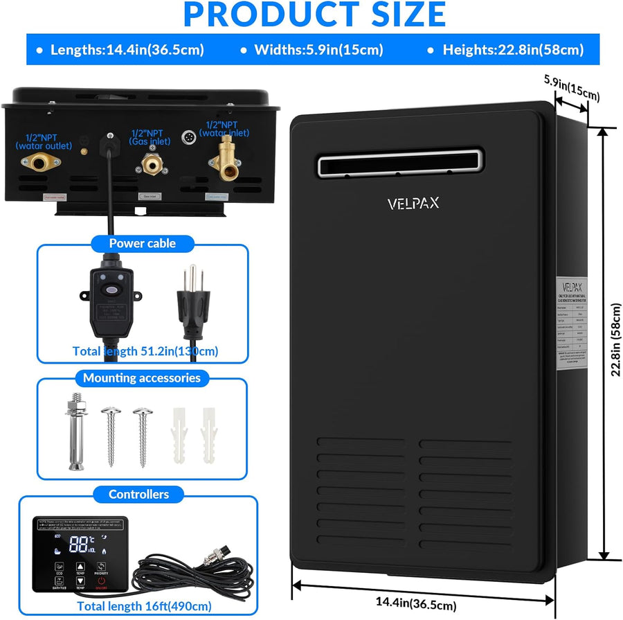 Outdoor Natural Gas Tankless Water Heater 20L (5.26 GPM), Instant Hot Water System for Home Shower & Bathroom