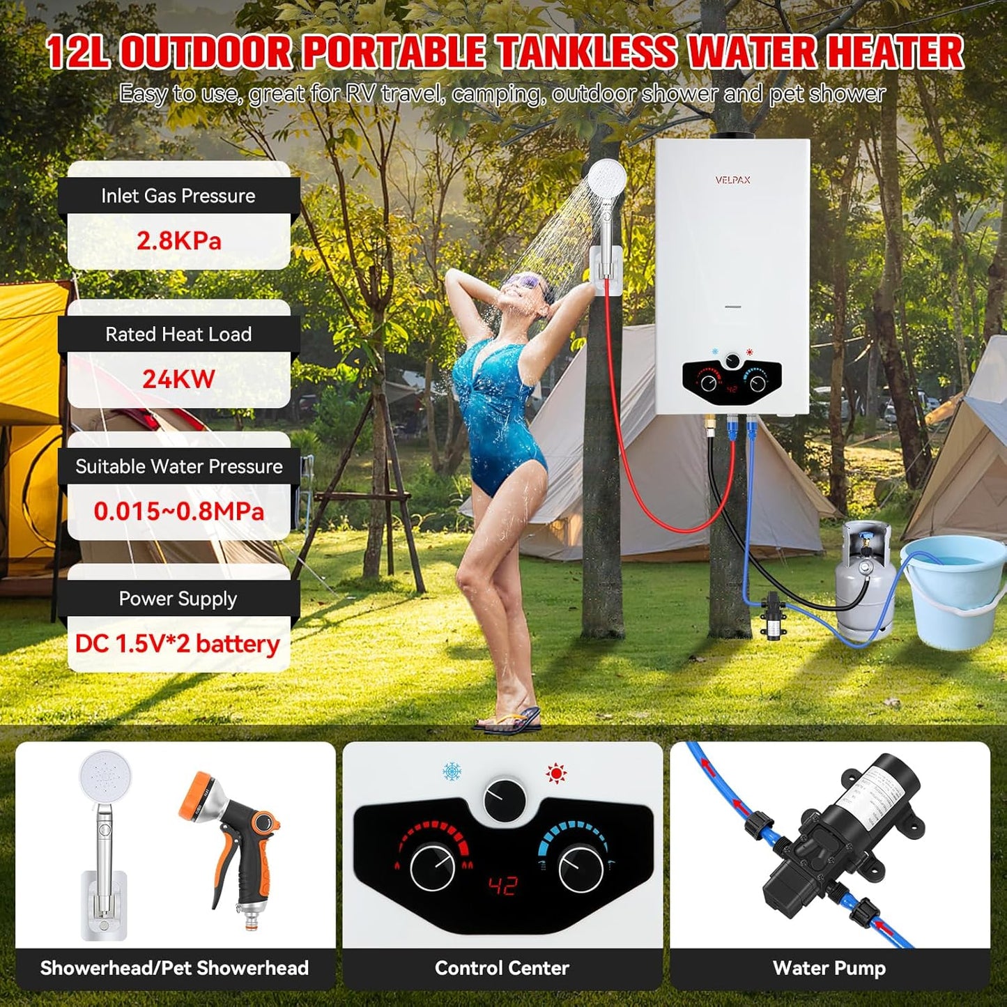 Tankless Water Heater Propane,2.64GPM 10L Outdoor Portable water heater,with 2 GPM Water Pump, Instant Propane water heater with Digital Display Multi-Protection for Camping Trips