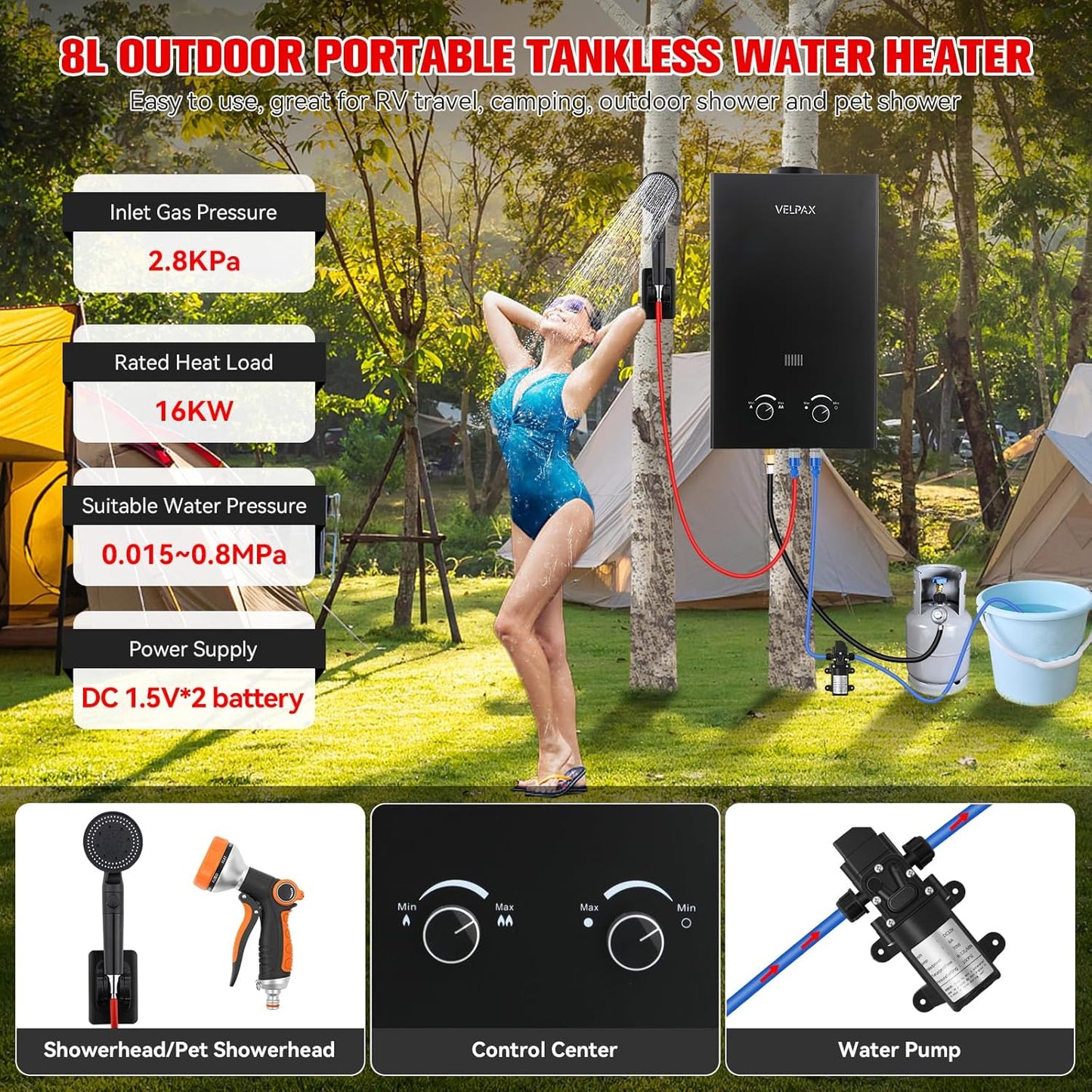 Tankless Water Heater Propane,2.11GPM 8L Outdoor Portable Water Heater,with 2 GPM Water Pump, with Digital Display Multi-Protection for Camping Trips Boat Cabins