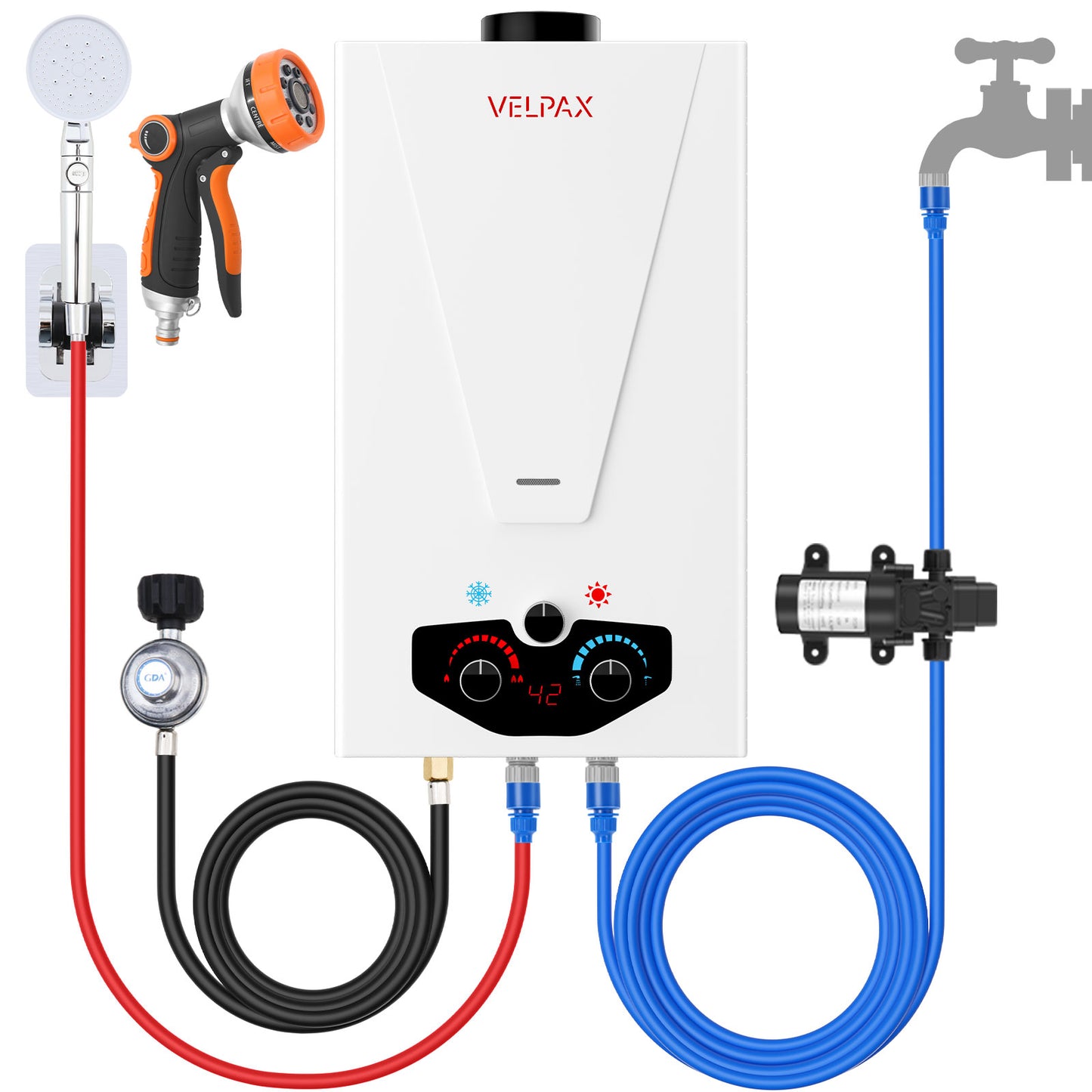 Tankless Water Heater Propane,3.18GPM 12L Outdoor Portable water heater,with 2 GPM Water Pump, Instant Propane water heater with Digital Display Multi-Protection for Camping Trips Boat Cabins