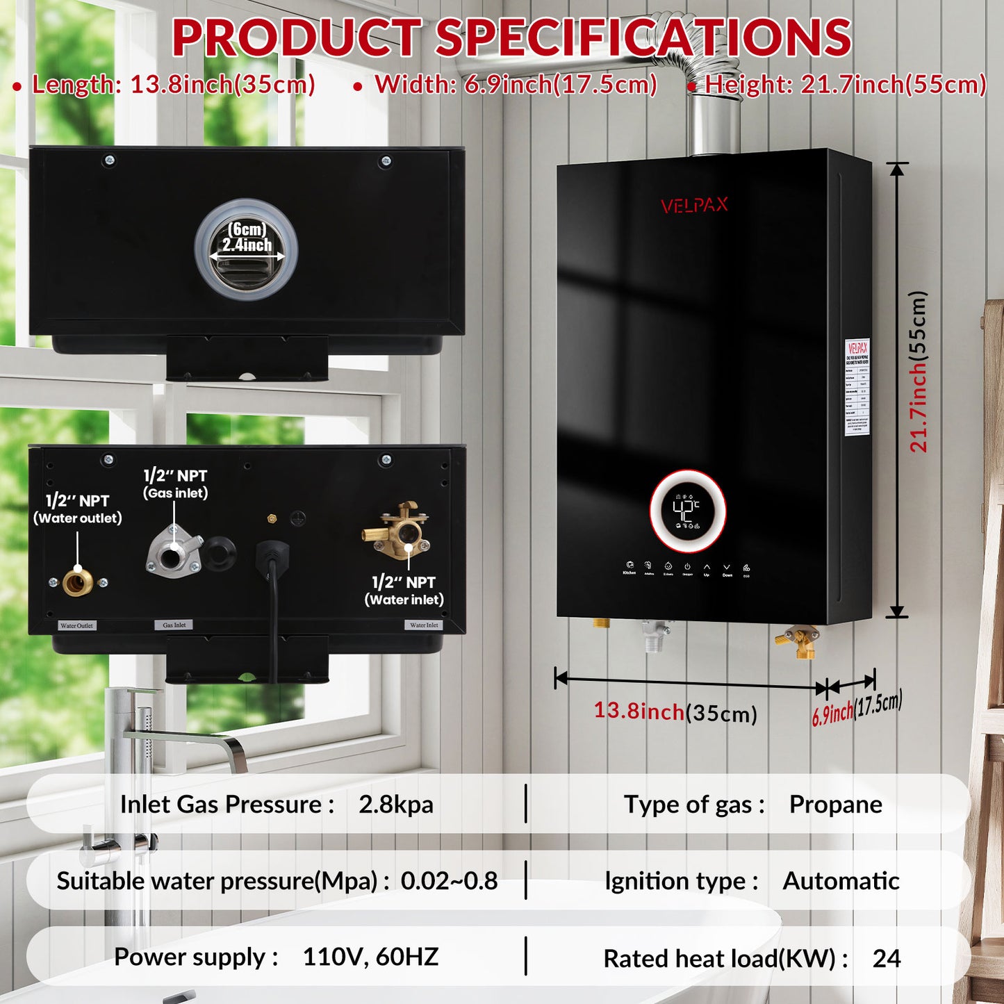 Tankless Water Heater Propane, 4.21GPM 16L Indoor Instant Hot Water Heater with Digital Fahrenheit Display Multi-Protection Constant Temperature for Home & Apartment