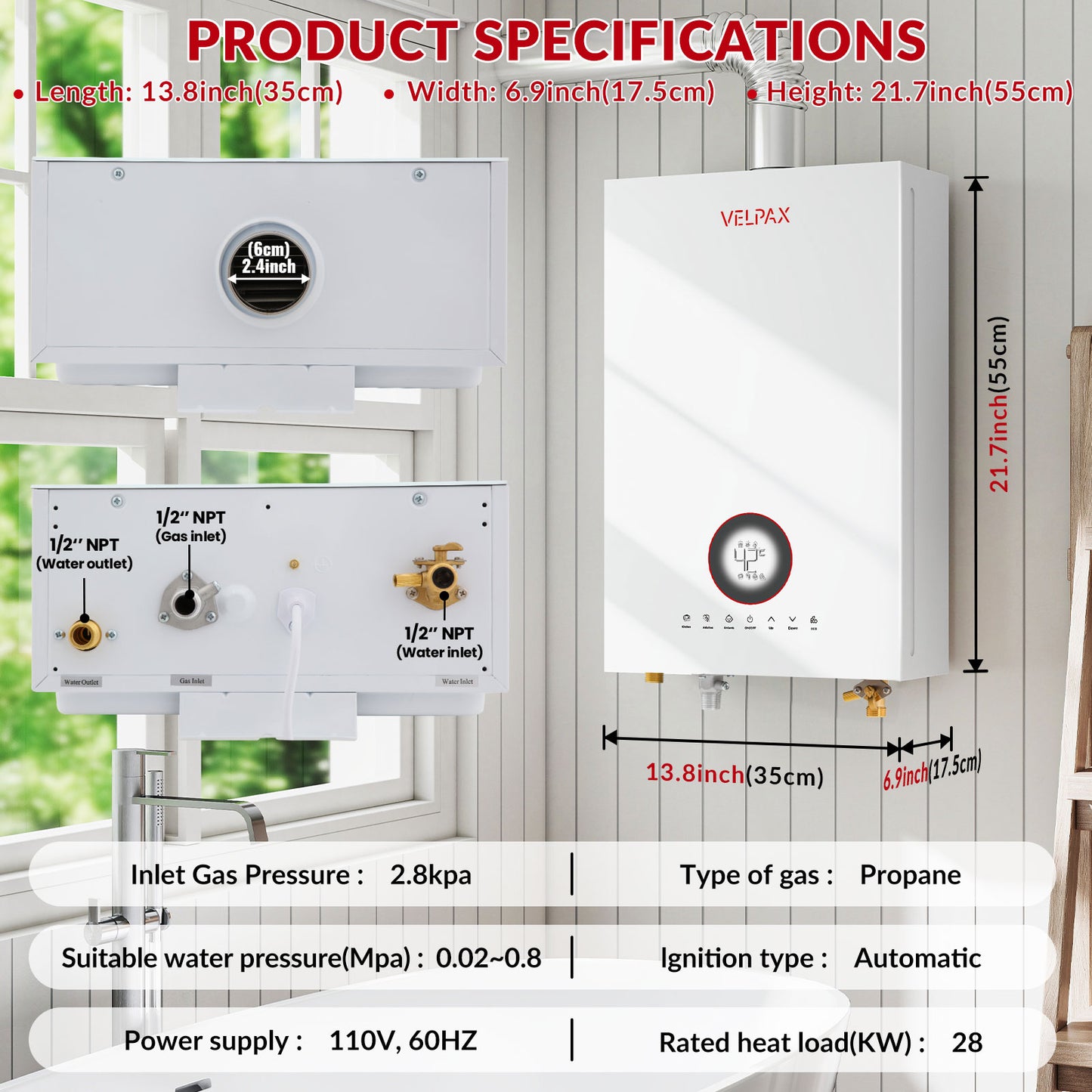 Tankless Water Heater Propane, 4.74 GPM 18L Indoor Instant Hot Water Heater with Digital Fahrenheit Display Multi-Protection Constant Temperature for Home & Apartment